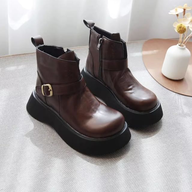 Freesia-Platform Buckled Faux Leather Short Boots