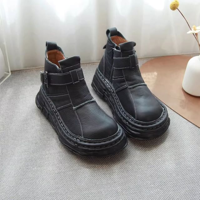 Freesia-Platform Buckled Genuine Leather Ankle Boots