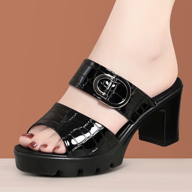 Freesia-Platform Crocodile Grain Block Heel Slide Sandals