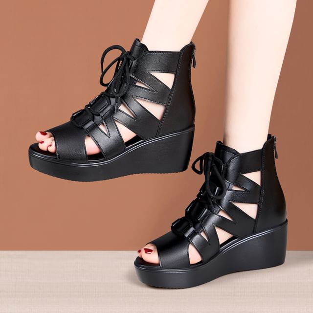 Freesia-Platform Cutout Lace Up High Top Sandals