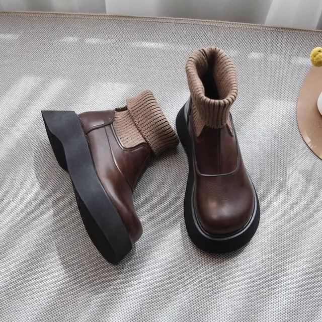 Freesia-Platform Knit Panel Faux Leather Short Sock Boots