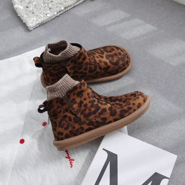 Freesia-Platform Leopard Patterned Panel Knit Short Boots