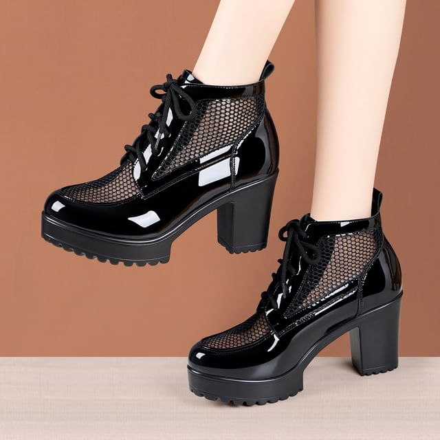 Freesia-Platform Patent Leather Panel Mesh Lace Up Block Heel Short Boots
