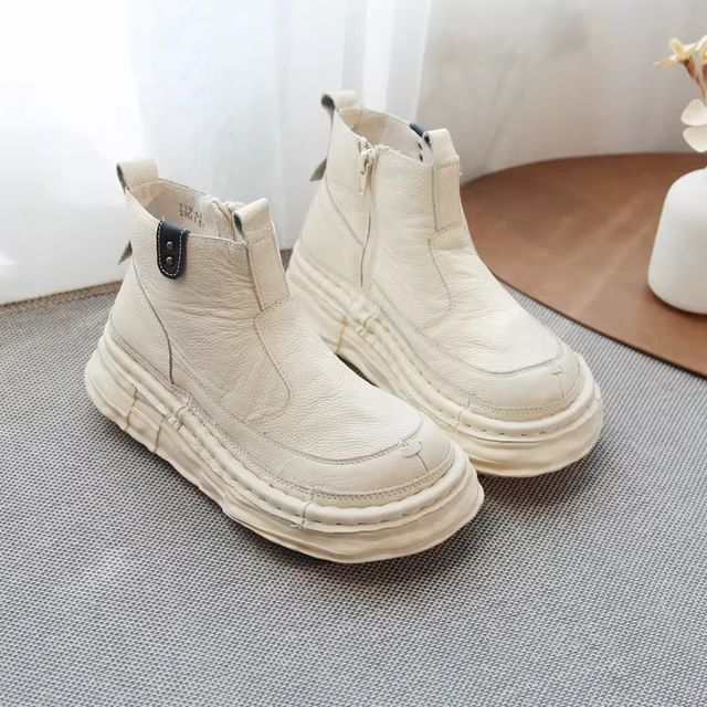 Freesia-Platform Plain Genuine Leather Ankle Boots