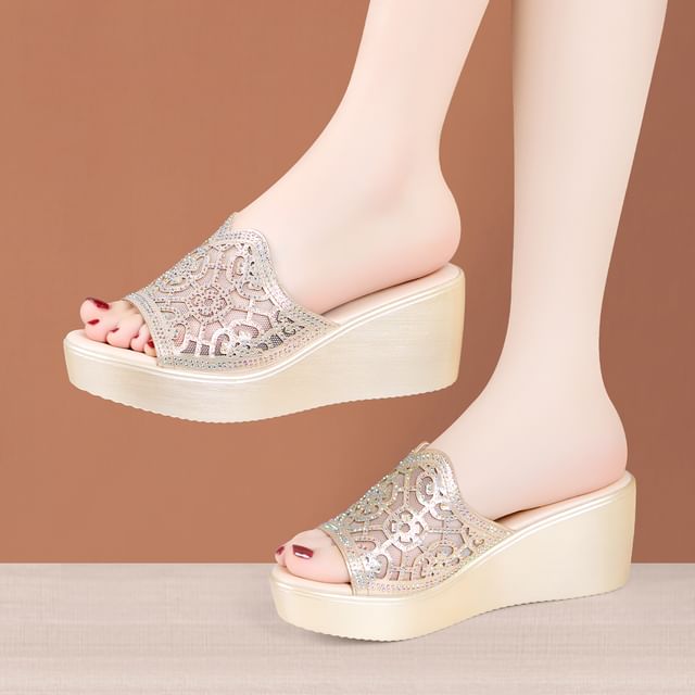 Freesia-Platform Rhinestone Cutout Slide Sandals