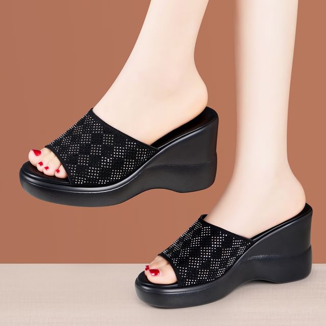 Freesia-Platform Rhinestone Wedge Slide Sandals