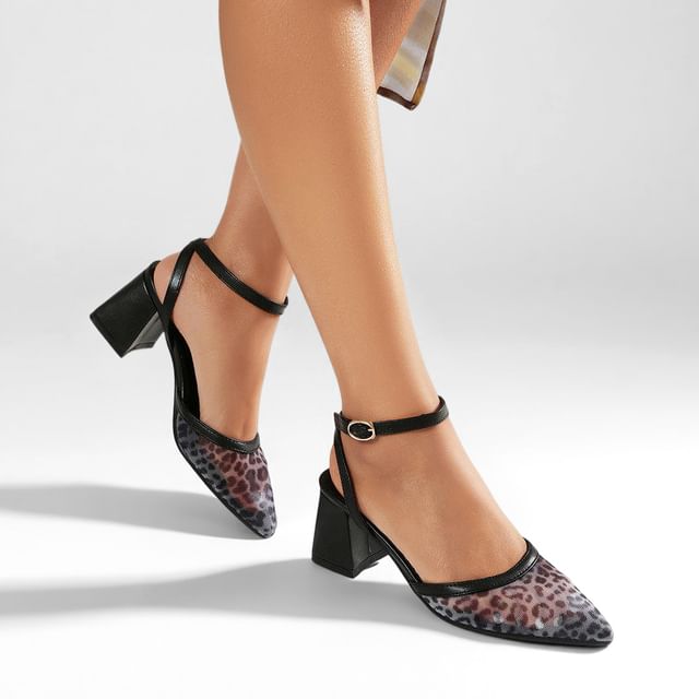 Freesia-Pointed Leopard Print Ankle Strap Block Heel Pumps