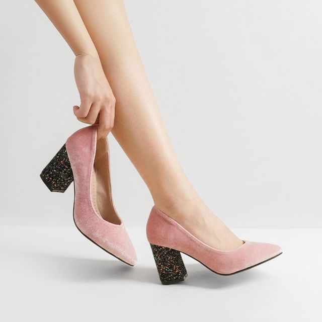 Freesia-Velvet Glitter Block Heel Pumps