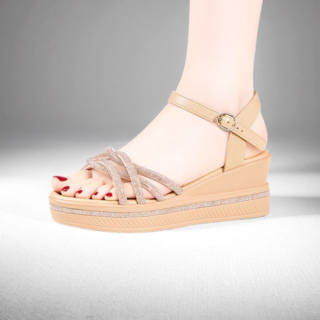 Freesia-Wedge Heel Glitter Strap Sandals