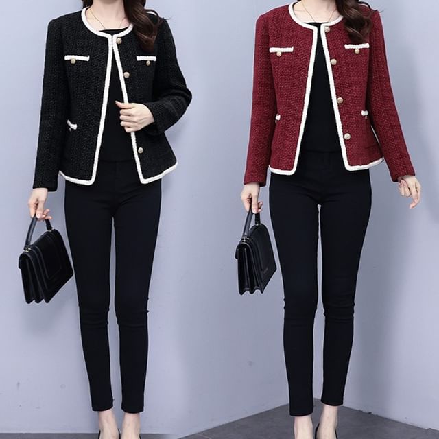 Frigga-Crew Neck Contrast Trim Button-Up Tweed Jacket