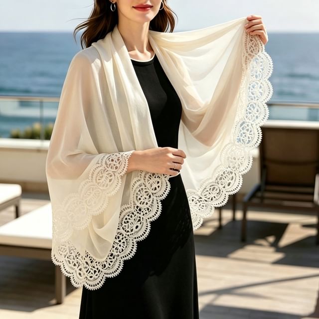 Frior-Lace Panel Sheer Shawl