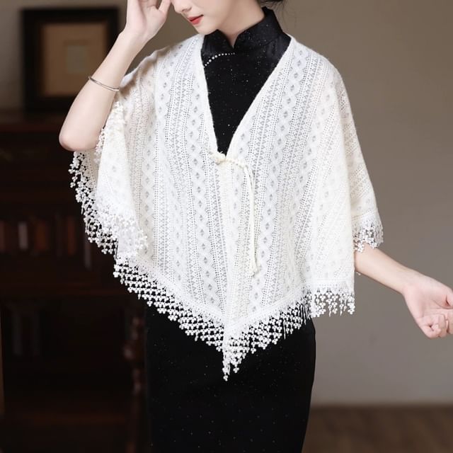 Frior-Panel Lace Faux Pearl Button Scarf