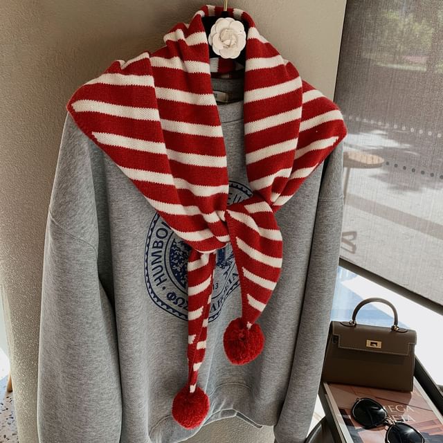 Frior-Striped Pom Pom Knit Scarf