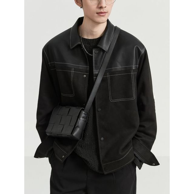 Fushet-Collared Faux Leather Panel Button Up Jacket