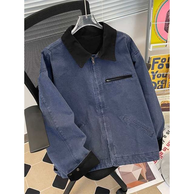 Fushet-Collared Plain Zip Jacket