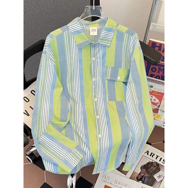 Fushet-Collared Striped Button Up Shirt
