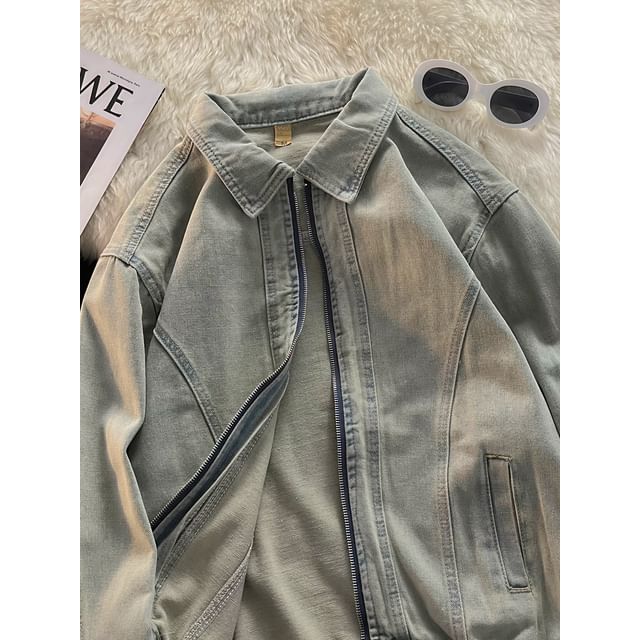 Fushet-Collared Washed Denim Zip Jacket