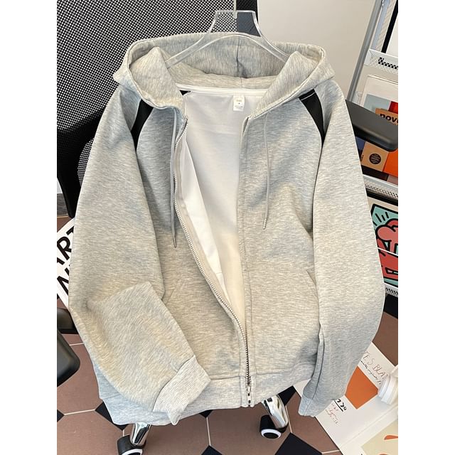 Fushet-Contrast Trim Zip Hoodie