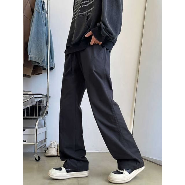Fushet-Drawstring Waist Plain Wide Leg Pants