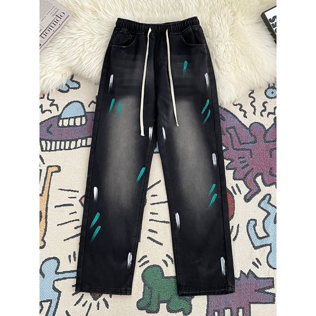 Fushet-Drawstring Waist Washed Painted Straight Leg Jeans