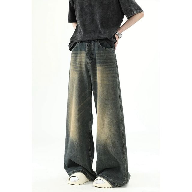 Fushet-High Waist Washed Wide Leg Jeans