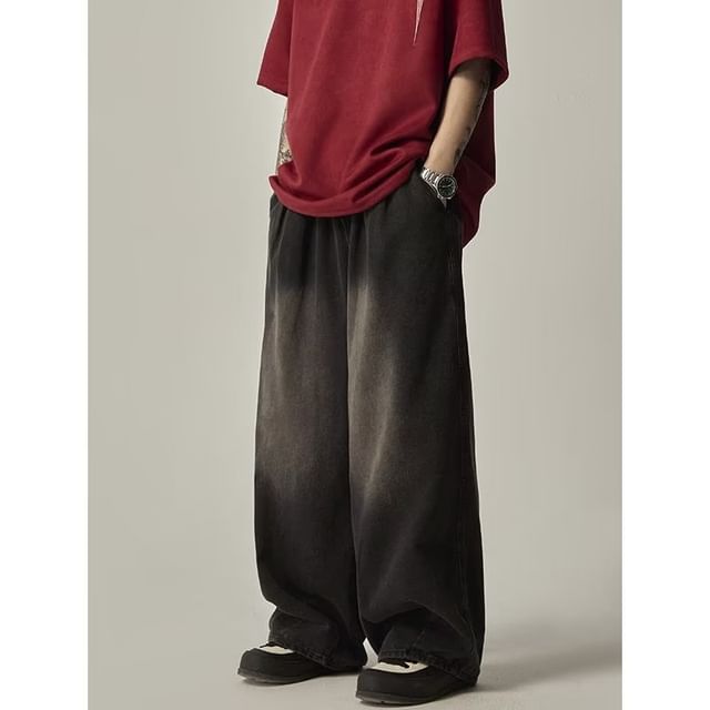 Fushet-High Waist Washed Wide Leg Jeans