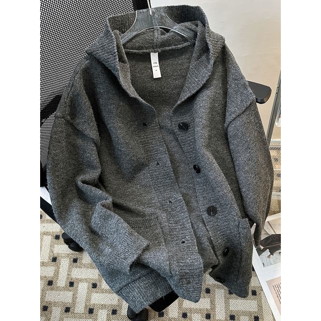 Fushet-Hooded Plain Button Up Cardigan
