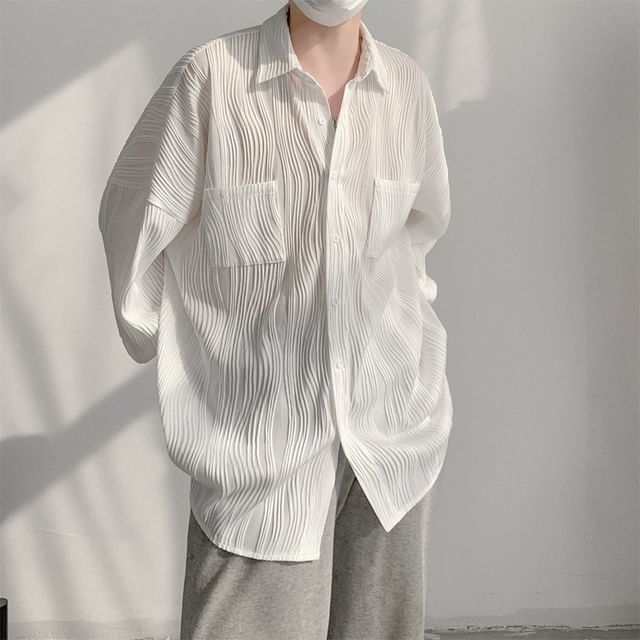 Fushet-Long Sleeve Collar Wavey Plain Shirt