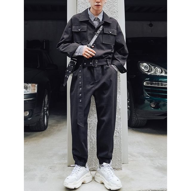 Fushet-Long Sleeve Collared Plain Belted Straight Leg Cargo Jumpsuit