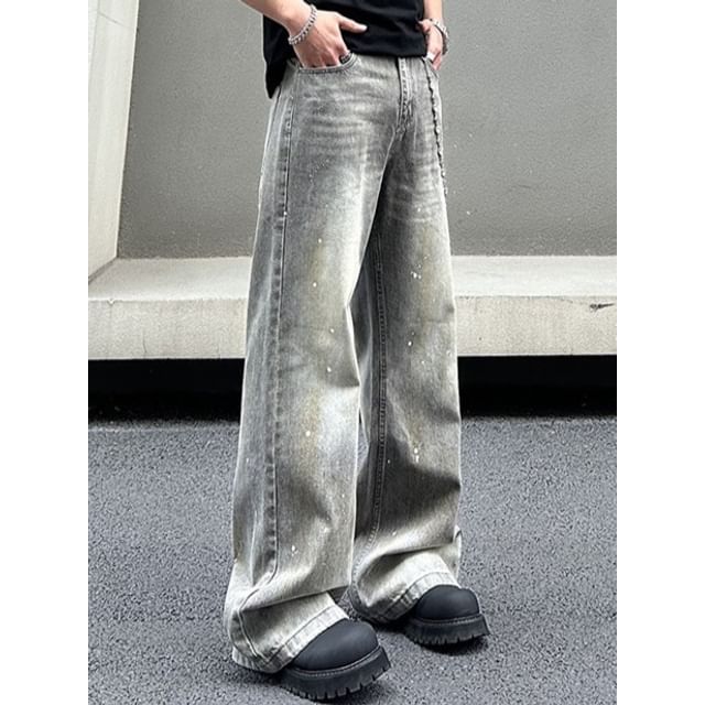 Fushet-Mid Rise Paint Splatter Washed Flared Jeans
