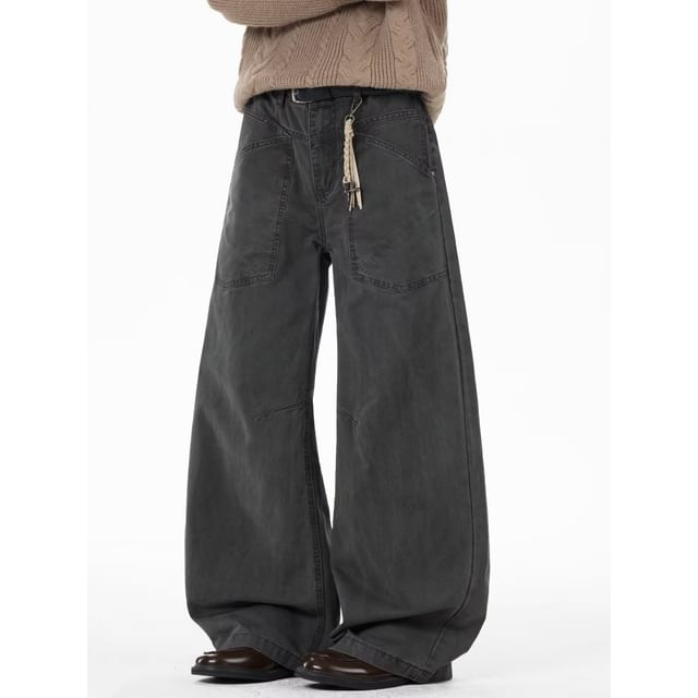 Fushet-Mid Rise Plain Barrel Leg Baggy Pants