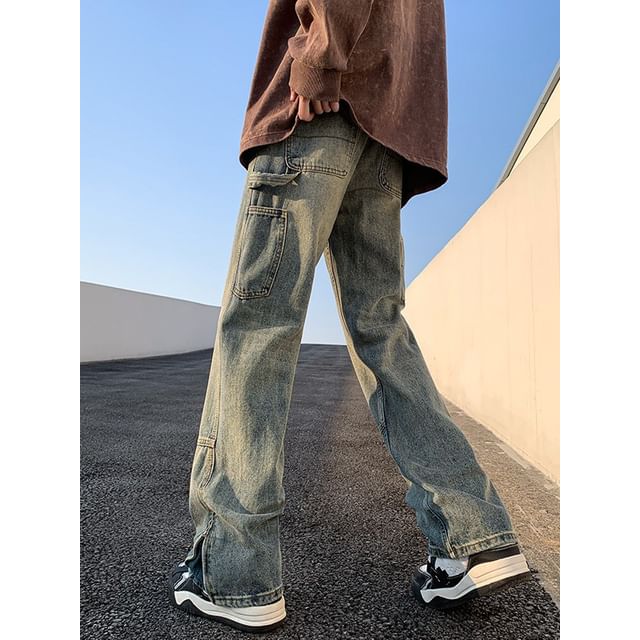 Fushet-Mid Rise Washed Zip Slit Straight Leg Cargo Jeans