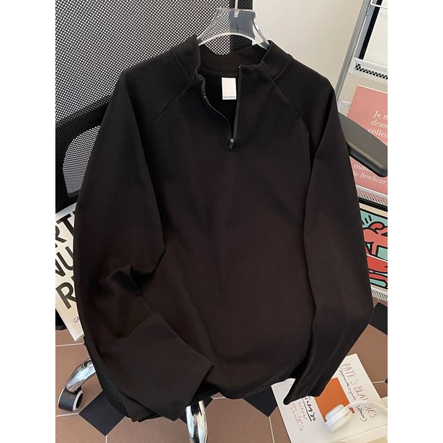 Fushet-Mock Neck Plain Half Zip Sweatshirt