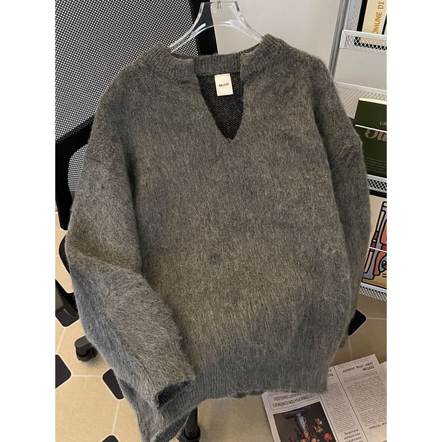 Fushet-Notch Neck Drop Shoulder Plain Oversized Sweater