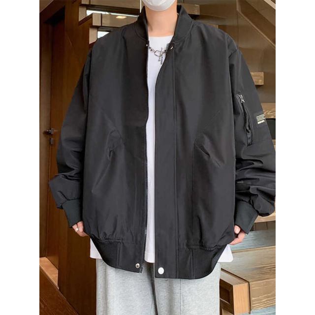 Fushet-Plain Oversized Zip Bomber Jacket