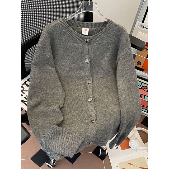 Fushet-Round Neck Plain Button Up Cardigan
