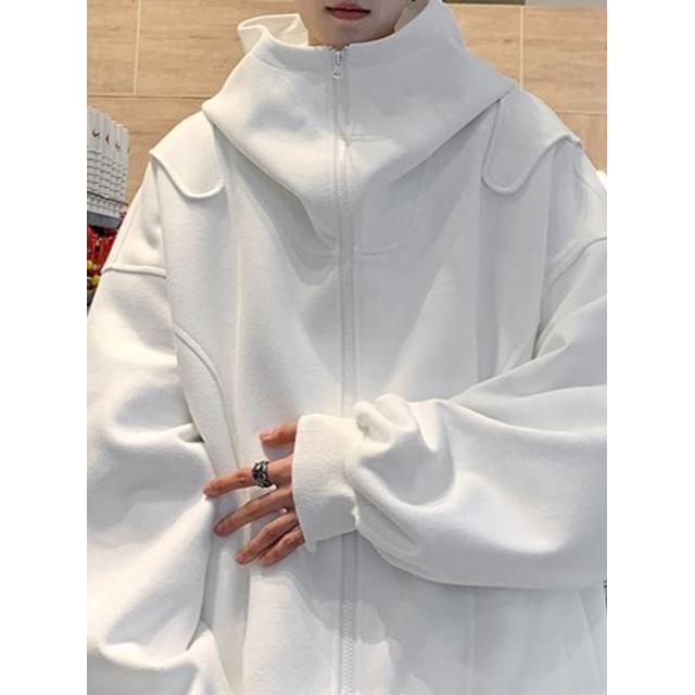 Fushet-Stand Collar Plain Panel Zip Hoodie