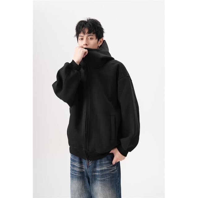 Fushet-Stand Collar Plain Zip Hoodie