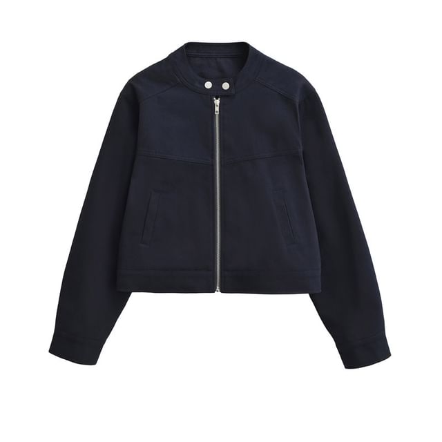 Gangacore-Band Collar Panel Zip Denim Jacket