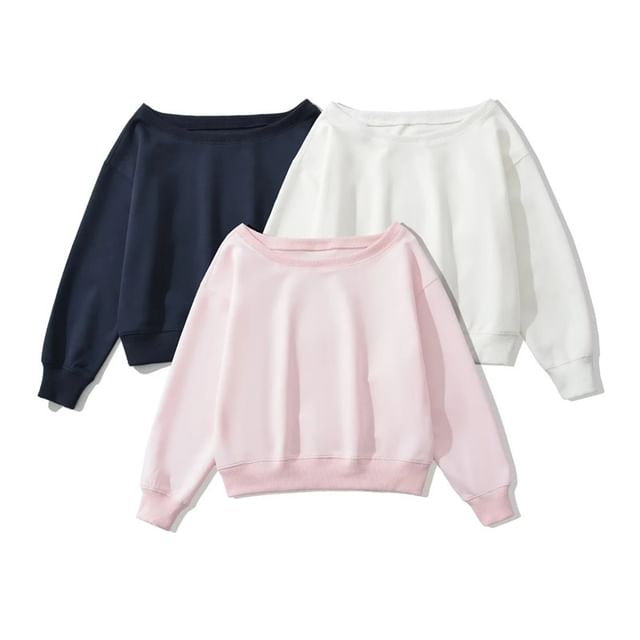 Gangacore-Boat Neck Plain Cropped Pullover