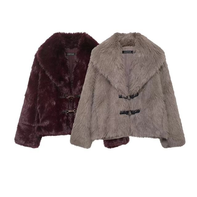 Gangacore-Collared Plain Faux Fur Buckle Jacket