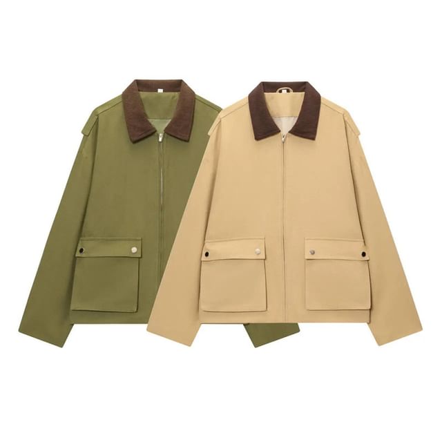 Gangacore-Collared Plain Zip Bran Jacket