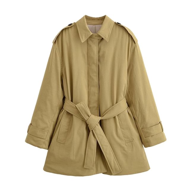 Gangacore-Collared Tie Waist Button-Up Plain Trench Coat