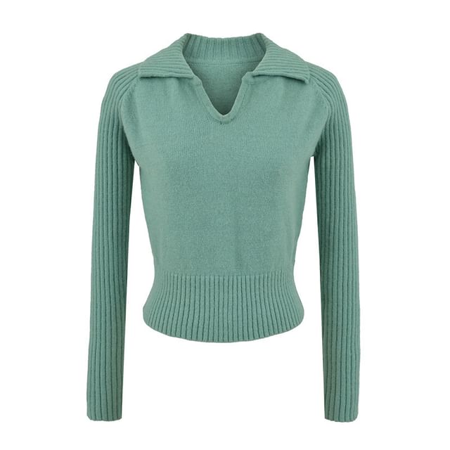 Gangacore-Collared V-Neck Plain Sweater