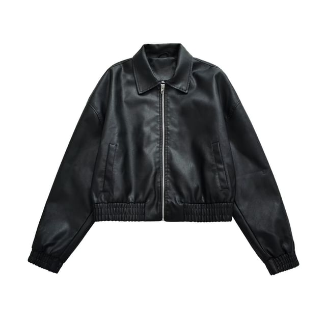 Gangacore-Collared Zip-Up Plain Faux Leather Crop Jacket