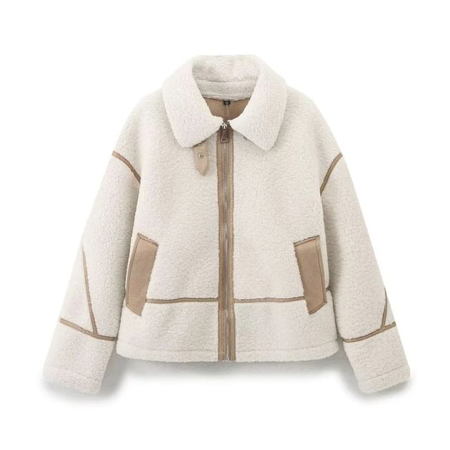 Gangacore-Contrast Trim Faux Shearling Zip Jacket