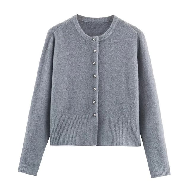 Gangacore-Crew Neck Button-Up Plain Crop Cardigan