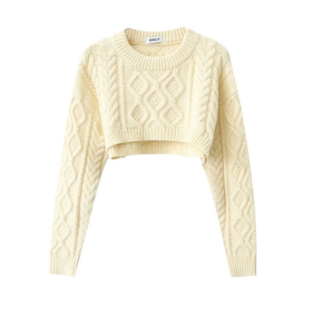 Gangacore-Crew Neck Plain Cable-Knit Cropped Sweater