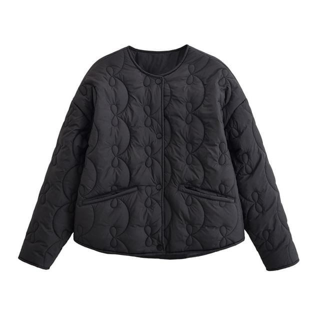 Gangacore-Crew Neck Quilted Button-Up Plain Jacket
