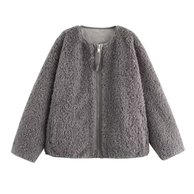 Gangacore-Crew Neck Zip-Up Plain Fleece Jacket